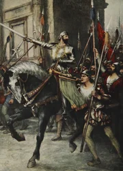 An der Spitze einer großen Gruppe von Männern ritt Rienzi, aus 